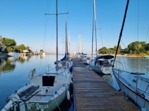 a group of boats are docked at a dock at Manor Motel in Southampton