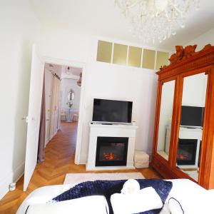 a living room with a fireplace and a tv at NOUVEAUTE JUILLET 2026 Le BALCON DE L OPERA in Vichy