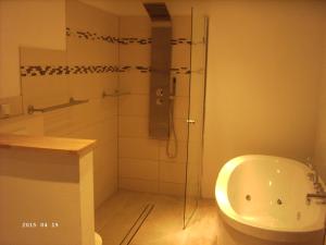 a bathroom with a shower and a toilet and a sink at Ferienwohnung Dähne in Allagen