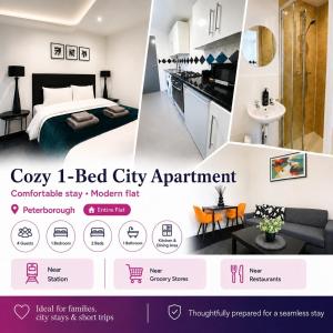 a flyer for a bed city apartment with a bedroom at Cozy 1 bed city apartment in Peterborough