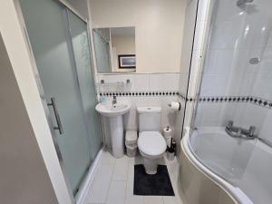 a bathroom with a toilet and a sink and a shower at Relax Stay 2 Bedroom in Theale