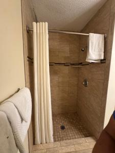 a shower with a shower curtain in a bathroom at Snowbird Motel in Bristol