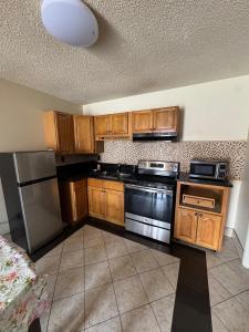 a kitchen with wooden cabinets and stainless steel appliances at Snowbird Motel in Bristol