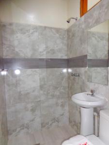 a bathroom with a sink and a toilet and a shower at Pampa & Selva in Rurrenabaque