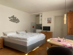 a bedroom with a bed and a table and a television at Sylvie Steinhardt, Wohnung 3 in List