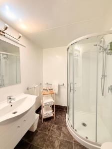 a bathroom with a glass shower and a sink at Amity Serviced Apartments in Queenstown