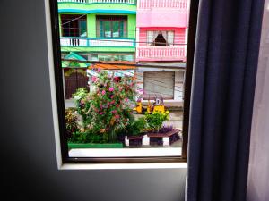 a window with a view of a building with flowers at Pampa & Selva in Rurrenabaque