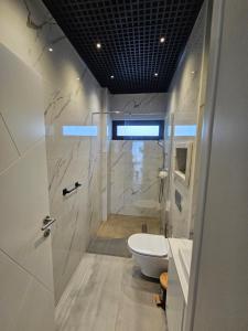 a bathroom with a white toilet and a shower at Palmarejo grande in Praia