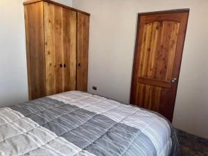 a bedroom with a bed and a wooden cabinet at conixia in San Pedro de Atacama