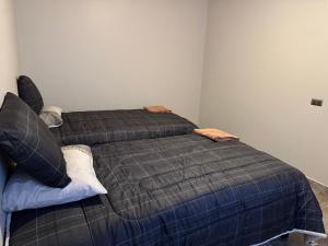 a bedroom with a bed with a gray comforter and pillows at conixia in San Pedro de Atacama +1 photo