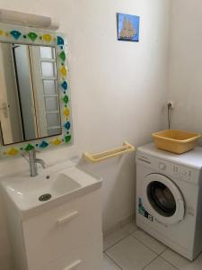 a bathroom with a washing machine and a sink at La Palmeraie in Le Moule