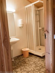 a bathroom with a shower and a sink at Tron Ungdomssenter in Tynset