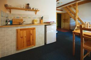a kitchen with a sink and a white refrigerator at Apartmány Mladé Buky in Mladé Buky
