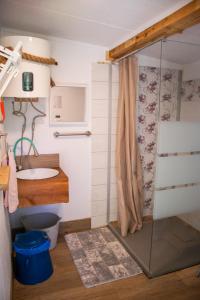 a bathroom with a shower and a sink at Glamping Zeleni raj Vače in Vače