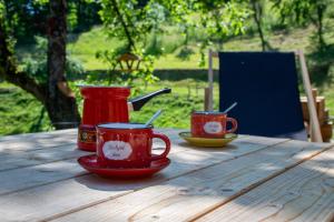 two red cups and saucers on a wooden table at Glamping Zeleni raj Vače in Vače +15 photos