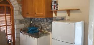 a kitchen with a white refrigerator and a sink at Eco wellness the arch in Lévktron