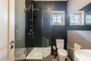 a bathroom with a shower and a toilet and a sink at Casa do Rio in Chaves +23 photos