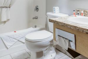 a bathroom with a white toilet and a sink at Travelodge by Wyndham Worland in Worland +23 photos