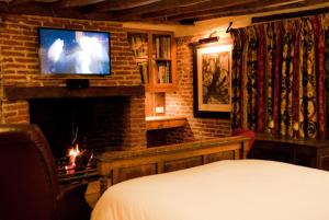 ein Schlafzimmer mit einem Kamin, einem TV und einem Bett in der Unterkunft Swan House in Beccles