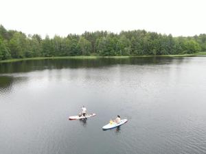 two people on paddle boards on a lake at Lake Lodge Labanoras in Šnioriškės