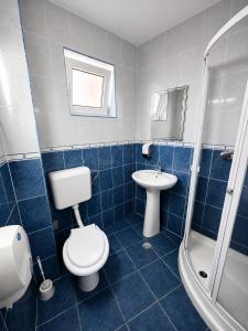 a blue tiled bathroom with a toilet and a sink at Hotel Doina 1 Tășnad in Tăşnad