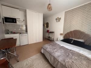 a bedroom with a large bed and a kitchen at Studio centre ville in Évreux