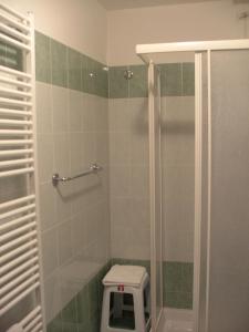 a bathroom with a shower and a toilet with a scale at Hotel Sommeiller in Bardonecchia