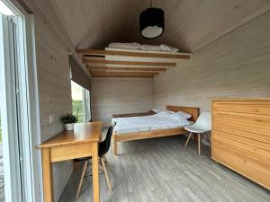 a bedroom with a bed and a desk and a table at Atpūtas vieta Friči in Līguti