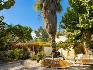 a surfboard on display next to a palm tree at Sea Salt Inn in Kemer