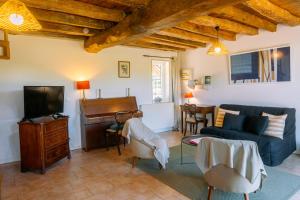 a living room with a blue couch and a piano at Gîte de caractère - La Grangette in Saint-Julien-le-Faucon
