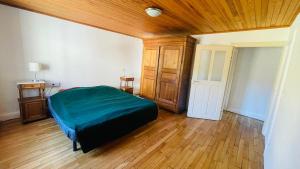 a bedroom with a green bed and a wooden ceiling at Gîte du canal in Lutzelbourg