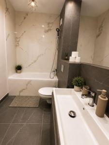 a bathroom with a sink and a toilet and a tub at Zen studio near Mall Moldova in Iaşi +25 photos