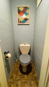 a bathroom with a toilet and a painting on the wall at Gîte du canal in Lutzelbourg +9 photos