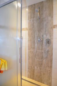 um chuveiro com uma porta de vidro na casa de banho em Kleintödlinggut em Leogang