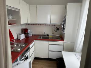 a small kitchen with white cabinets and a red counter top at Fewo Strandweg Überlingen in Überlingen