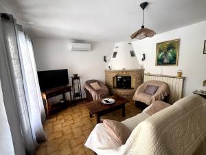 a living room with a couch and a fireplace at Les oliviers du pradon in Lagarde-Paréol