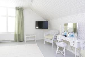 a white room with a desk and a mirror at Ahlström Ruukki Noormarkku in Pori