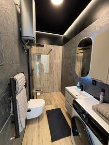 a small bathroom with a toilet and a sink at Apartament Ania Nysa Centrum z bezpłatnym parkingiem in Nysa
