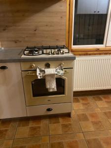 a kitchen with a stove with a towel at Pensiunea Ana in Ceahlău