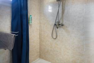 a shower with a blue shower curtain in a bathroom at Chambre d'hotes 3 et 4 a la ferme in Champsac +12 photos