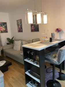 a kitchen with a island in a living room at Anonim Plus in Vrdnik