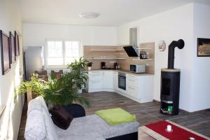 a living room with a couch and a kitchen at Ferienwohnung Alter Fischerhof in Malchow