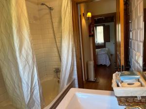 a bathroom with a shower and a tub and a sink at VILLA ISABEL in Piloña +30 photos