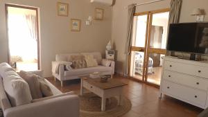 a living room with a couch and a tv at Finca Mulo Arriba in Canillas de Aceituno