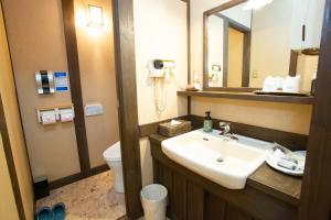 a bathroom with a sink and a mirror and a toilet at お宿玄河 in Minamioguni