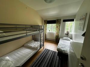 two bunk beds in a room with two windows at Sörbyvägen 4 in Floby