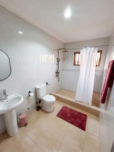 a white bathroom with a toilet and a sink at Casa Leo in Agboogba +23 photos