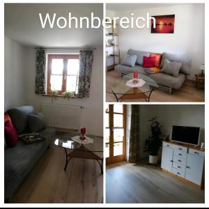 a living room with a couch and a table at Ferienwohnung Landblick Lalling in Lalling
