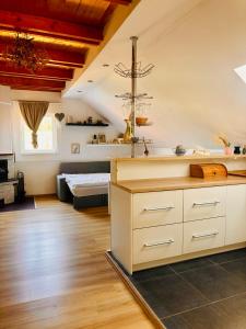 a kitchen with a sink and a living room at Apartmán Pura Vida in Zaječí