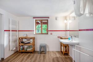 a bathroom with a sink and a mirror at Ferienwohnung Lausche in Hörnitz +13 photos